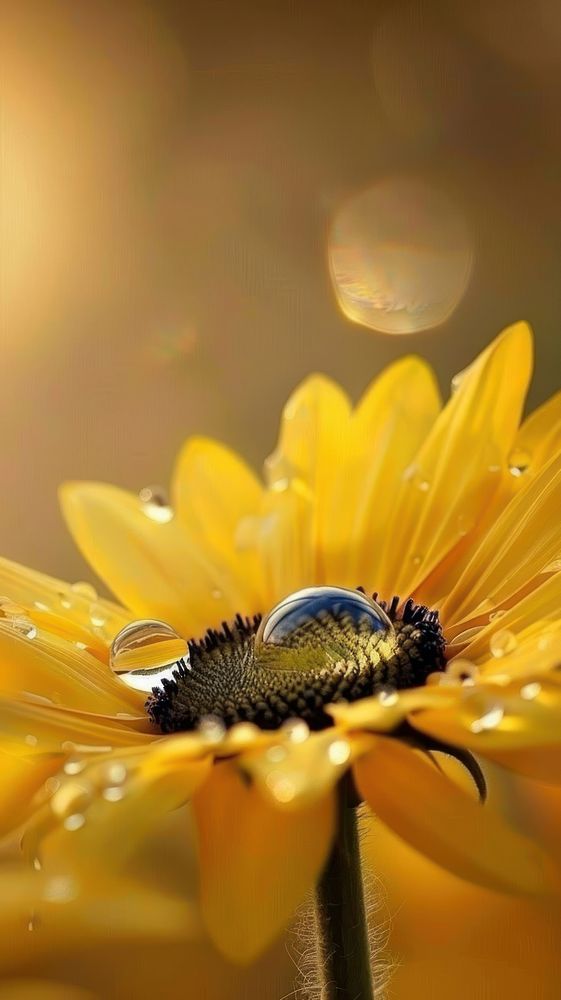 Sunflower with water droplet outdoors nature petal.