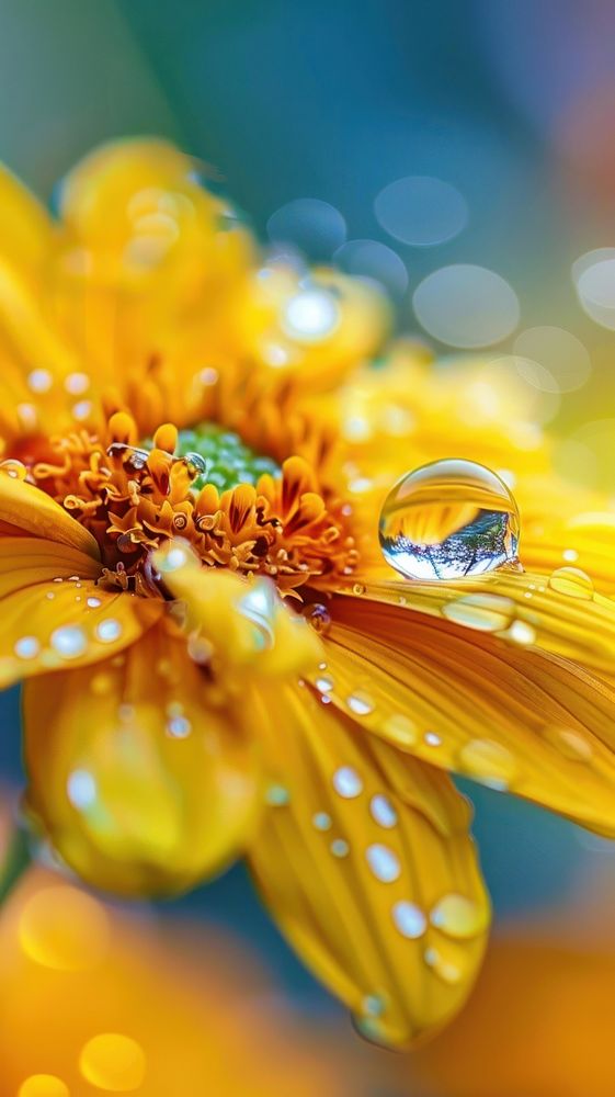 Sunflower with water droplet petal plant dew.