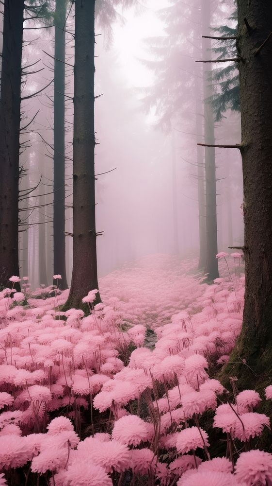 Pastel pink forest landscape outdoors.