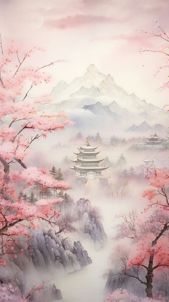Pastel pink landscape outdoors painting.