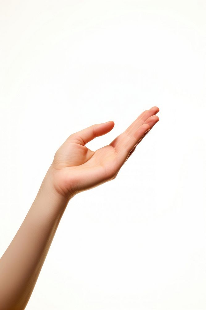 Hand holding an invisible thread finger white background gesturing.