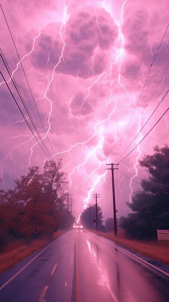 Pink thunderstorm lightning outdoors.