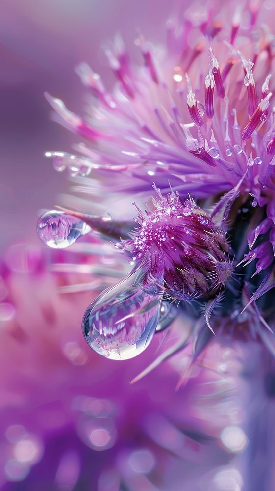 Water droplet on thistle flower blossom purple.