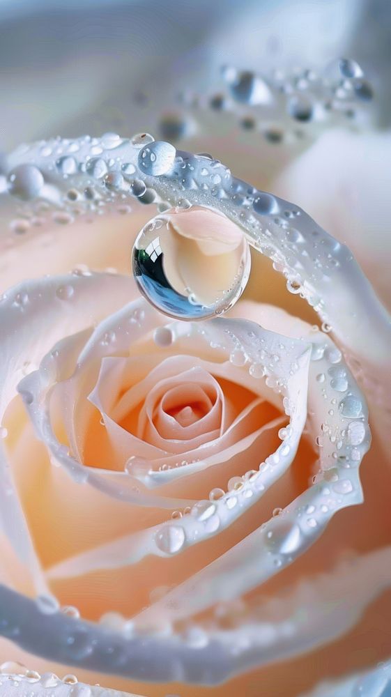 Water droplet on white rose flower petal dew.