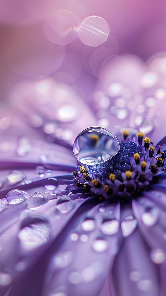 Water droplet on aster flower purple petal.