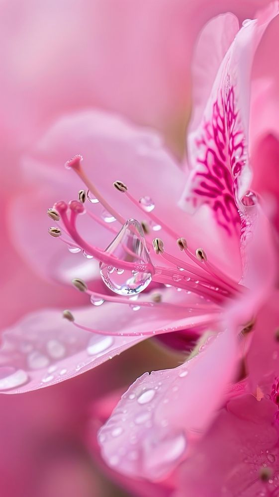 Water droplet on azalea flower blossom petal.