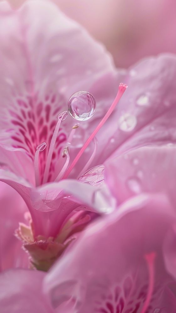 Water droplet on azalea flower blossom petal.