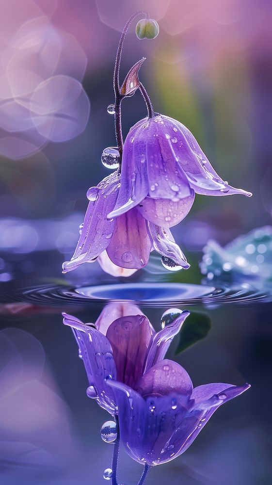 Water droplet on bellflower reflection outdoors nature.