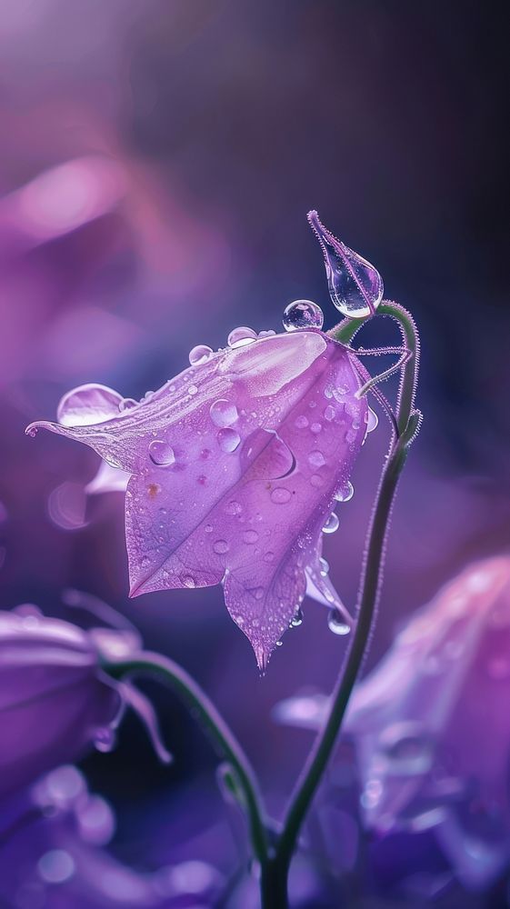 Water droplet on bellflower outdoors blossom purple.