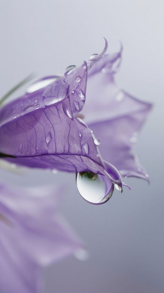 Water droplet on bellflower purple petal plant.