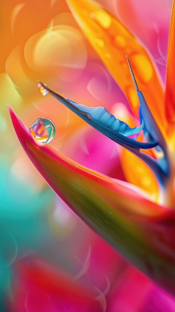 Water droplet on bird of paradise flower petal plant.