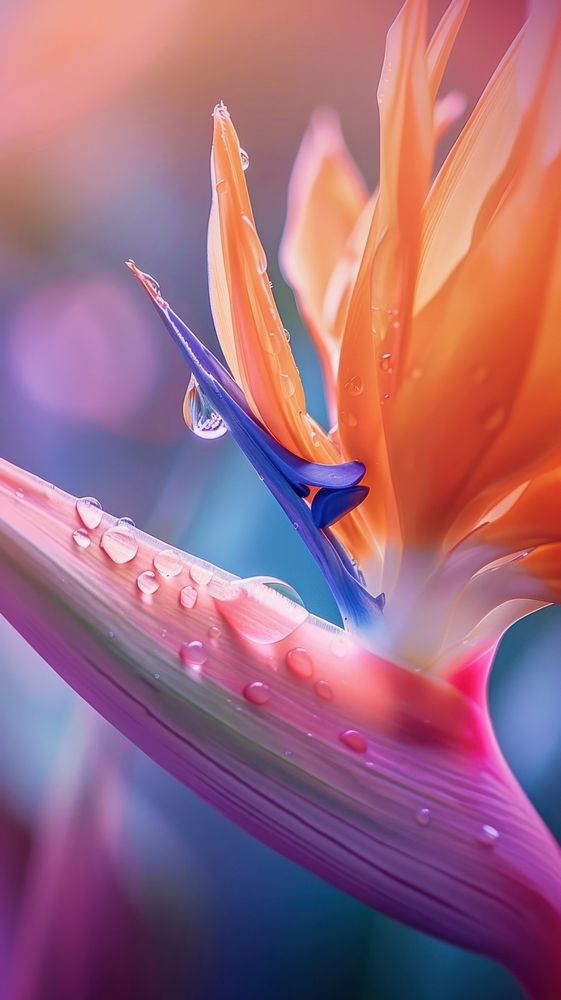 Water droplet on bird of paradise flower petal plant.