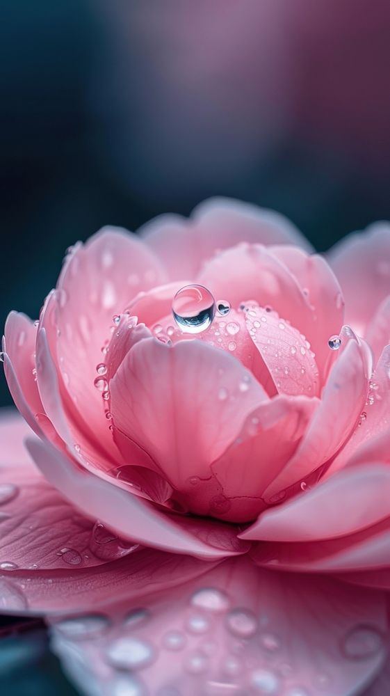 Water droplet on camellia flower blossom petal.
