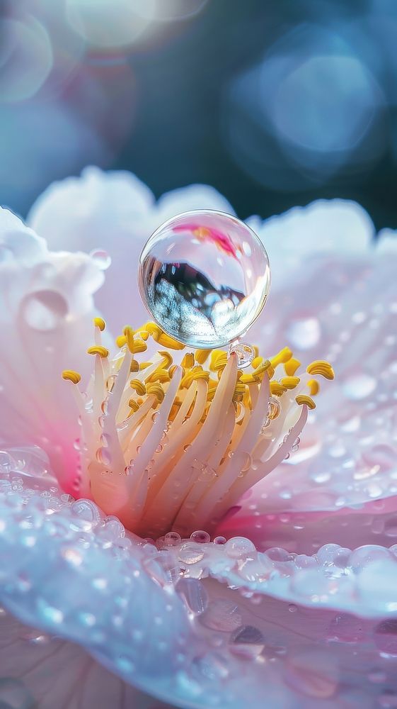 Water droplet on camellia flower petal plant.