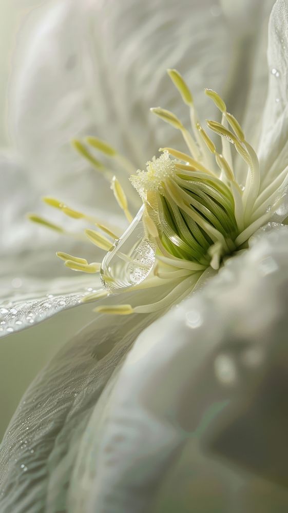 Water droplet on clematis flower blossom pollen.