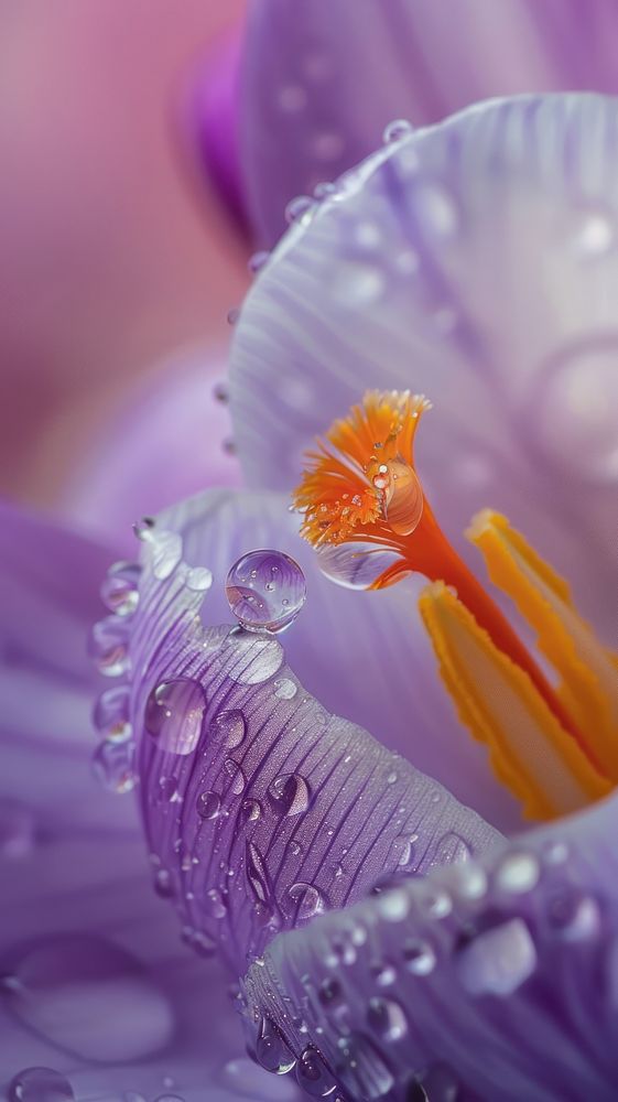 Water droplet on crocus flower blossom petal.
