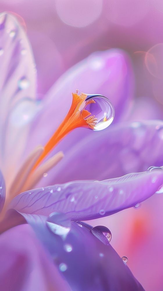 Water droplet on crocus flower blossom petal.