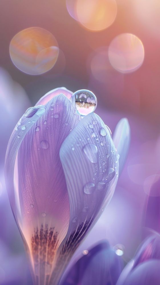 Water droplet on crocus flower petal plant.