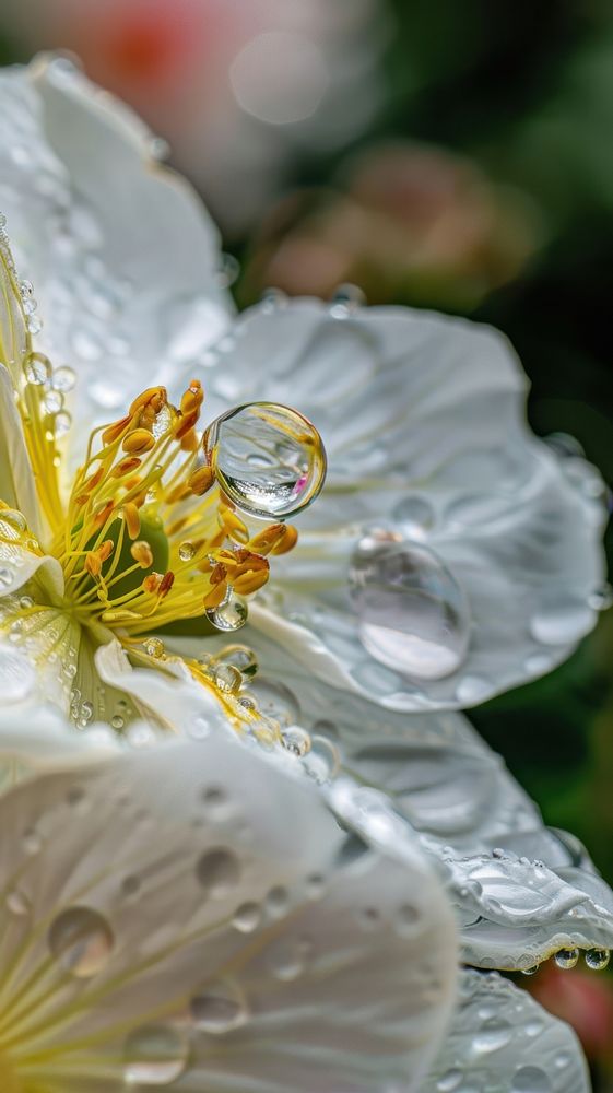 Water droplet on flower garden blossom petal plant.