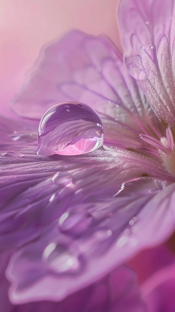 Water droplet on geranium flower blossom purple.