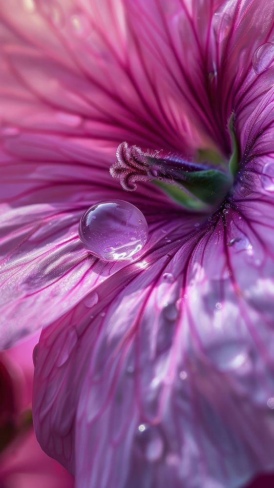 Water droplet on geranium flower blossom purple.