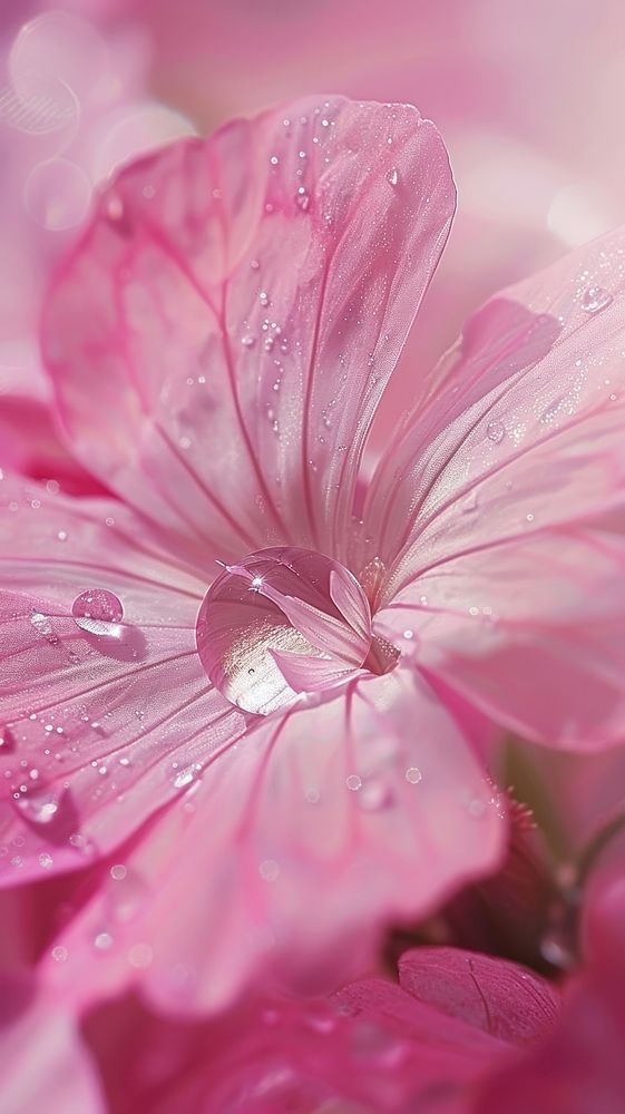 Water droplet on geranium flower blossom petal.