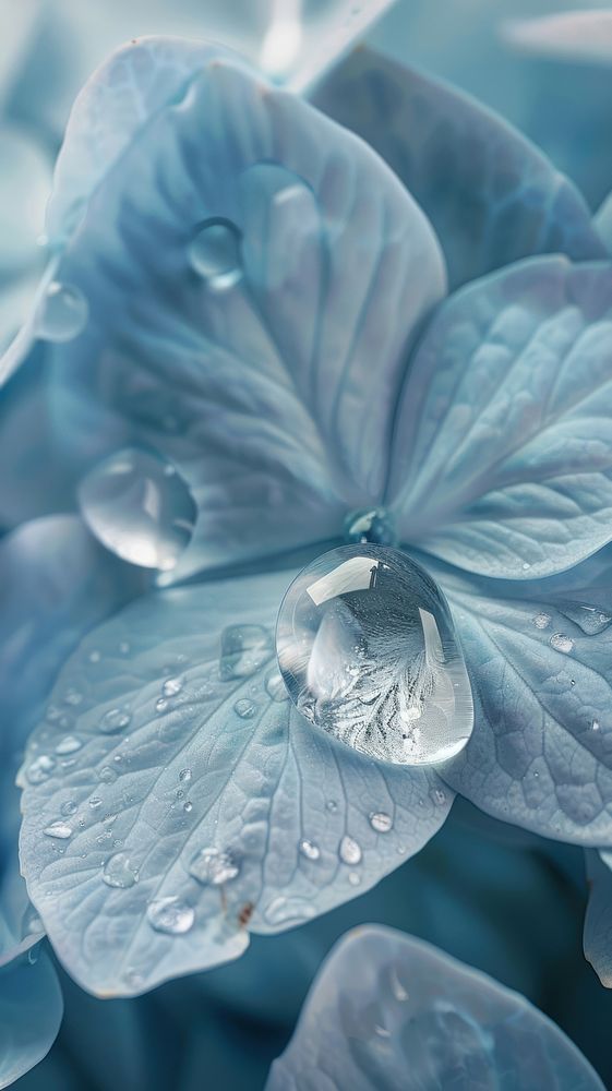 Water droplet on hortensia flower petal plant.