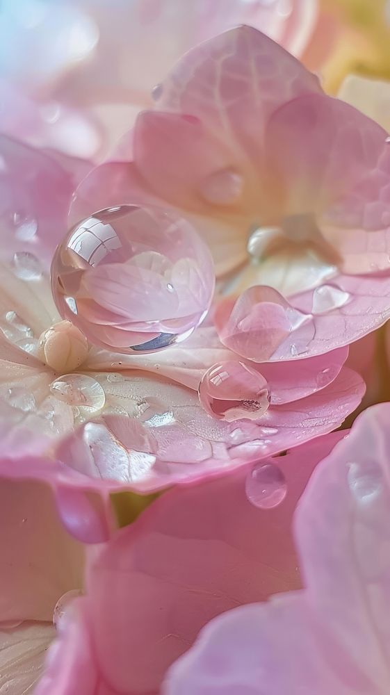 Water droplet on hortensia flower blossom petal.