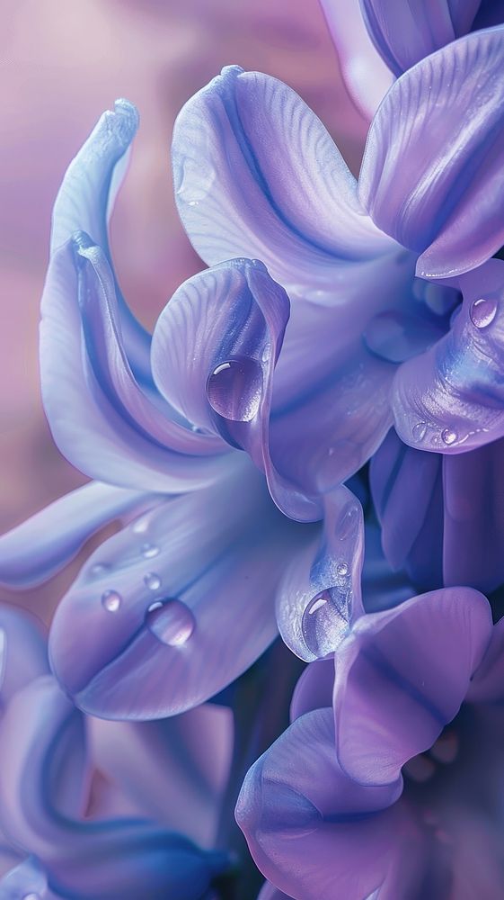 Water droplet on hyacinth flower blossom petal.