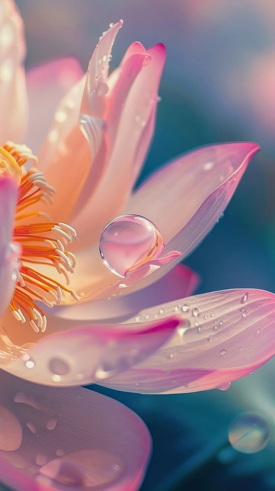Water droplet on lotus flower blossom petal.