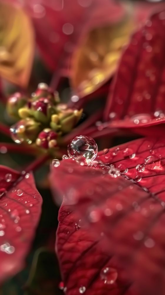 Water droplet on poinsettia flower petal plant.