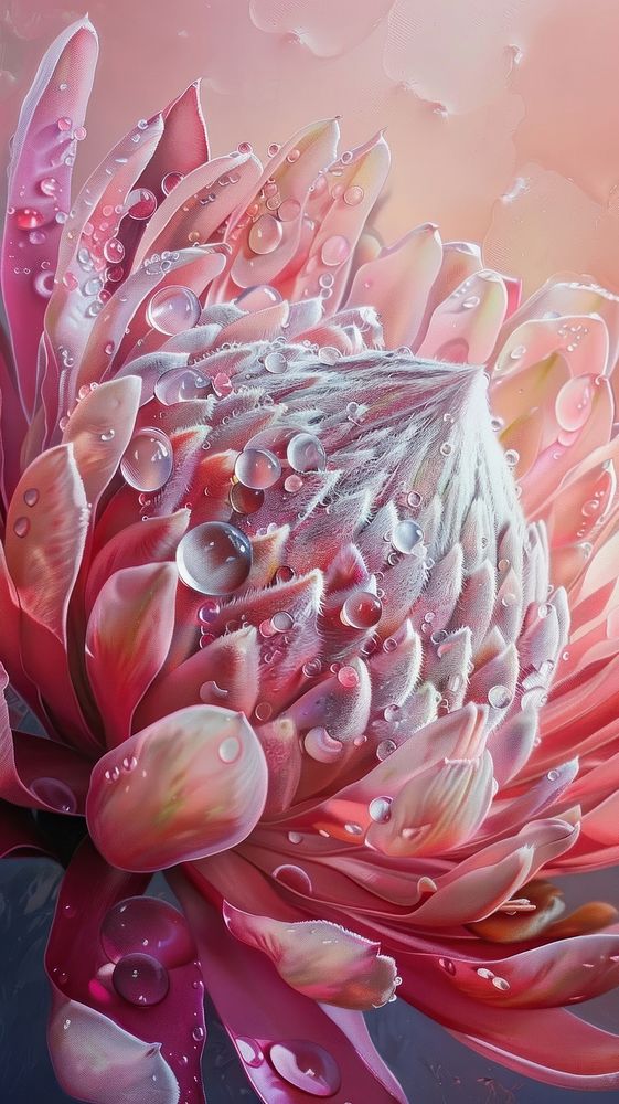 Water droplet on protea flower dahlia petal.
