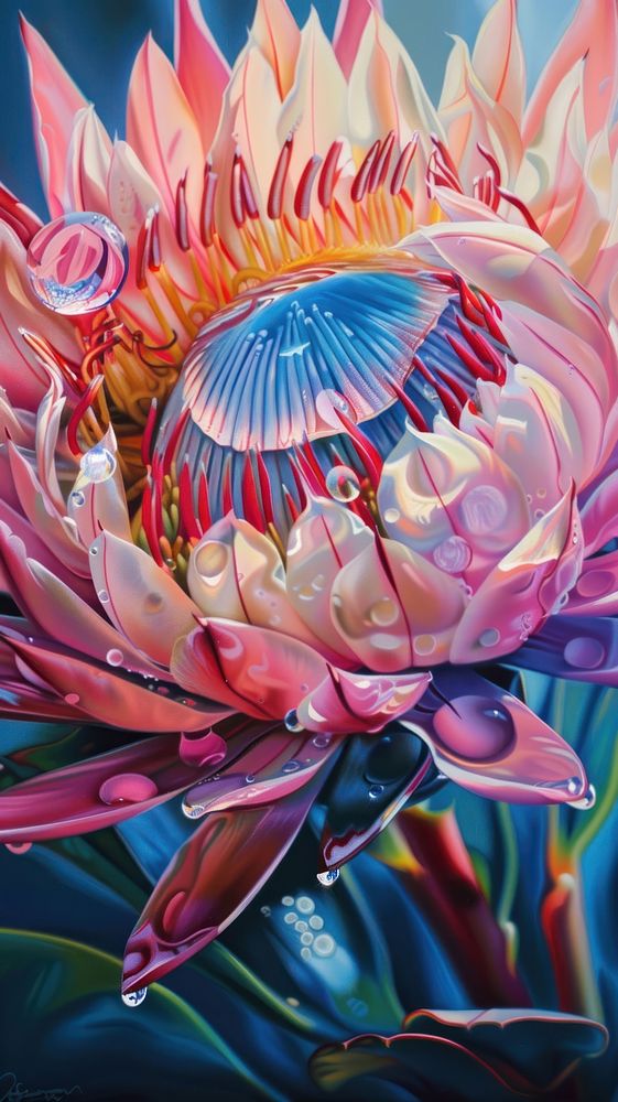 Water droplet on protea flower painting petal.