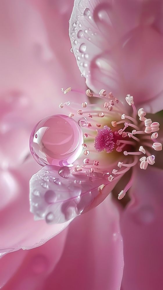 Water droplet on rosa flower blossom petal.