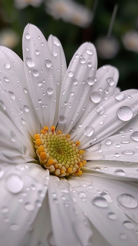 Water droplets on daisy flower blossom petal.