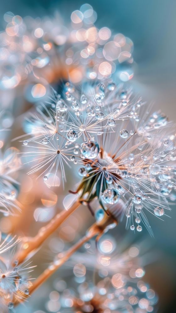 Water droplets on dandelion flower blossom plant.