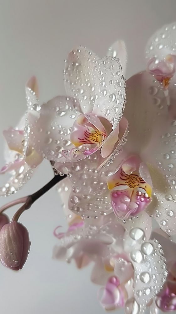 Water droplets on orchid flower blossom petal.