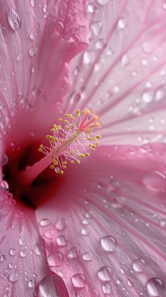 Water droplets on pink flower hibiscus blossom.