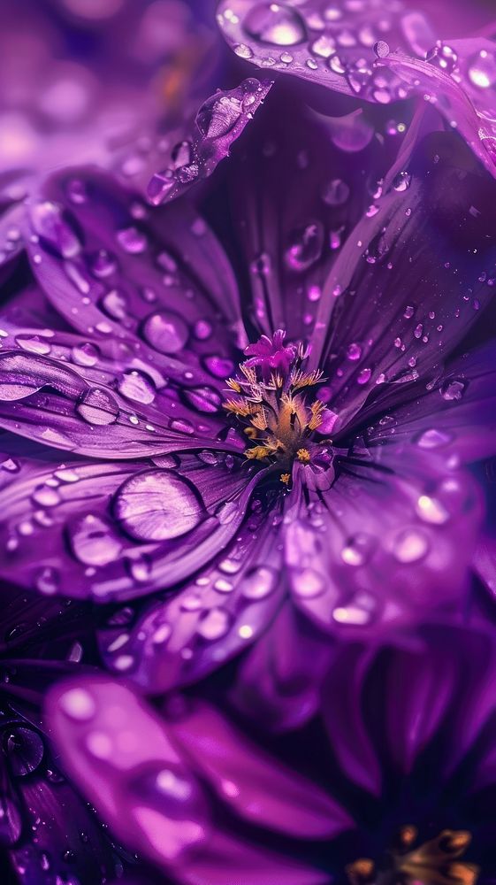 Water droplets on purple flower blossom petal.