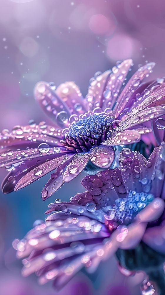 Water droplets on purple flower petal plant.