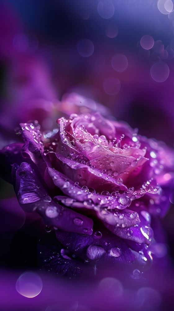 Water droplets on purple rose flower outdoors nature.