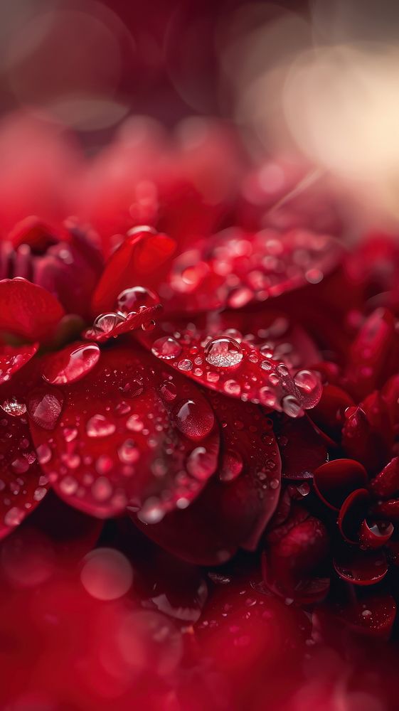 Water droplets on red flower petal plant.