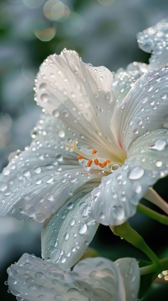 Water droplets on white flower blossom petal plant.