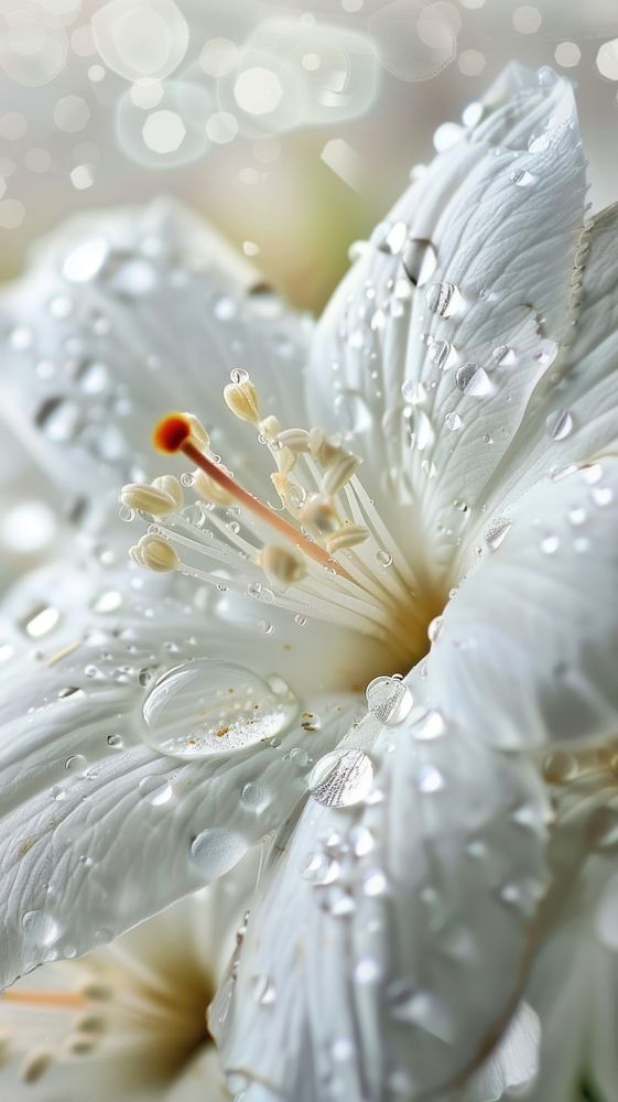 Water droplets on white flower blossom pollen petal.