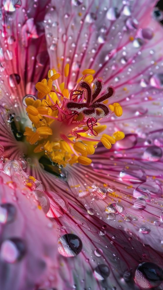 Water droplets on wildflower blossom pollen petal.