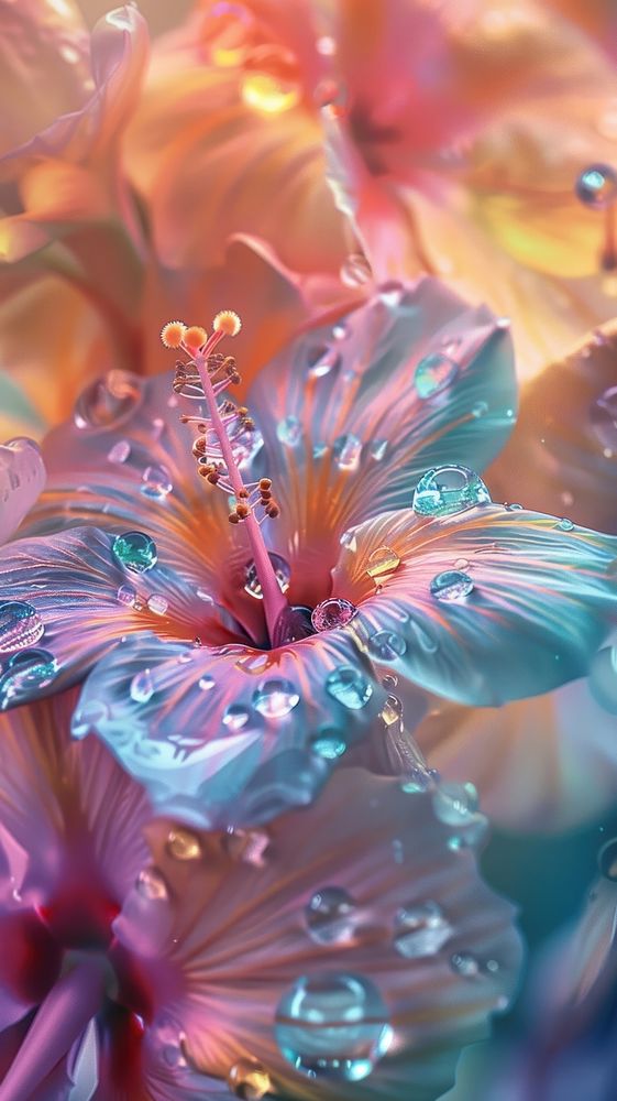 Water droplets on tropical flower blossom petal.
