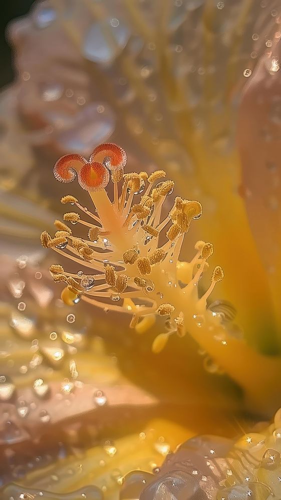 Water droplets on tropical flower pollen petal.
