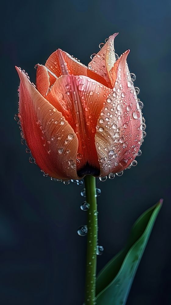 Water droplets on tulip flower petal plant.