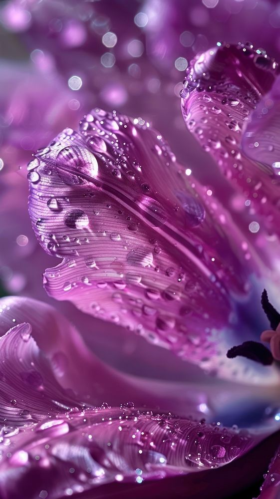 Water droplets on tulip flower purple petal.
