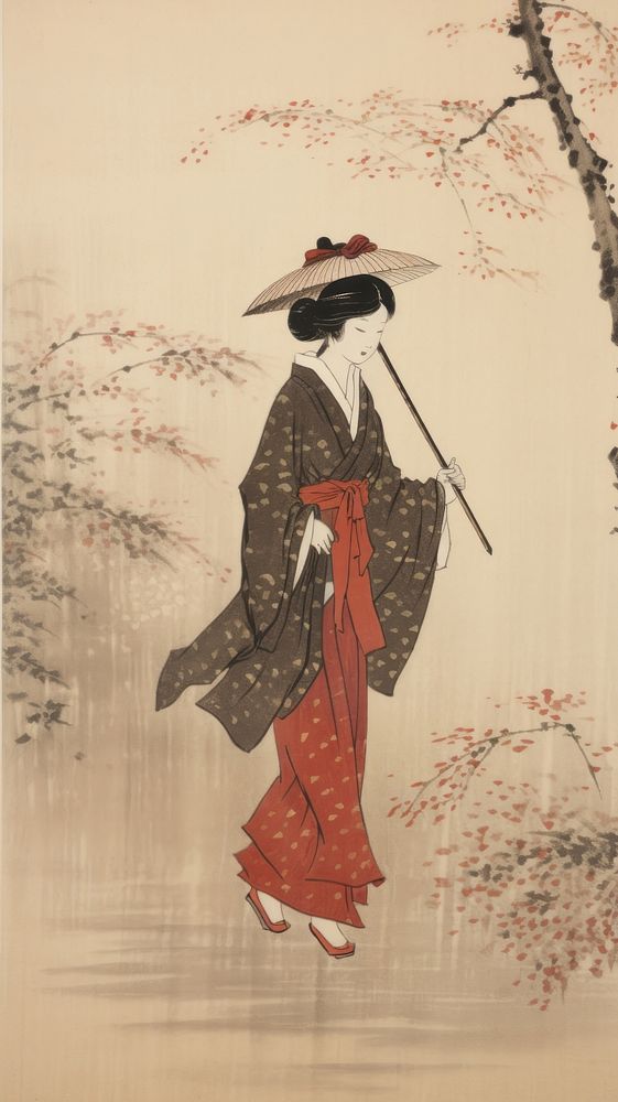 PNG Illustration of woman walking painting kimono plant.